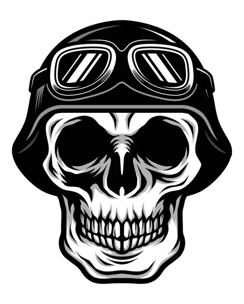 Detaillierter Klassischer Totenkopf Mit Retro Biker Helm Und Pilotenbrille — Stockvektor