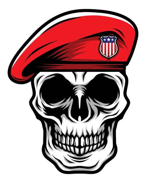 Detailed Classic Skull Head Wearing Red Military Army Beret Illustration — Stock Vector