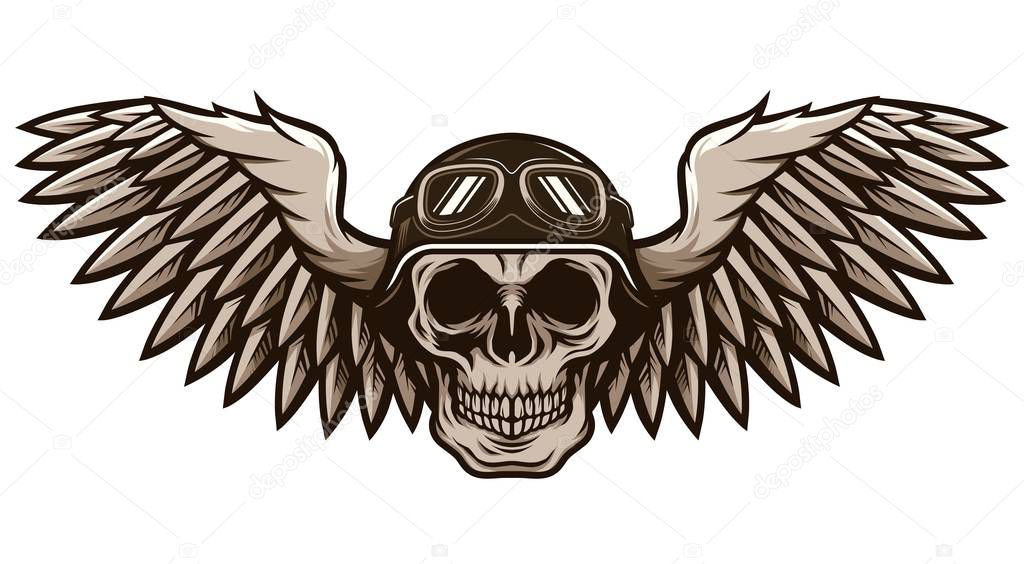 Detailed Classic Skull Head Wearing Retro Biker Helmet and Pilot Goggles With Spreading Wings Motorcycle Badge Design
