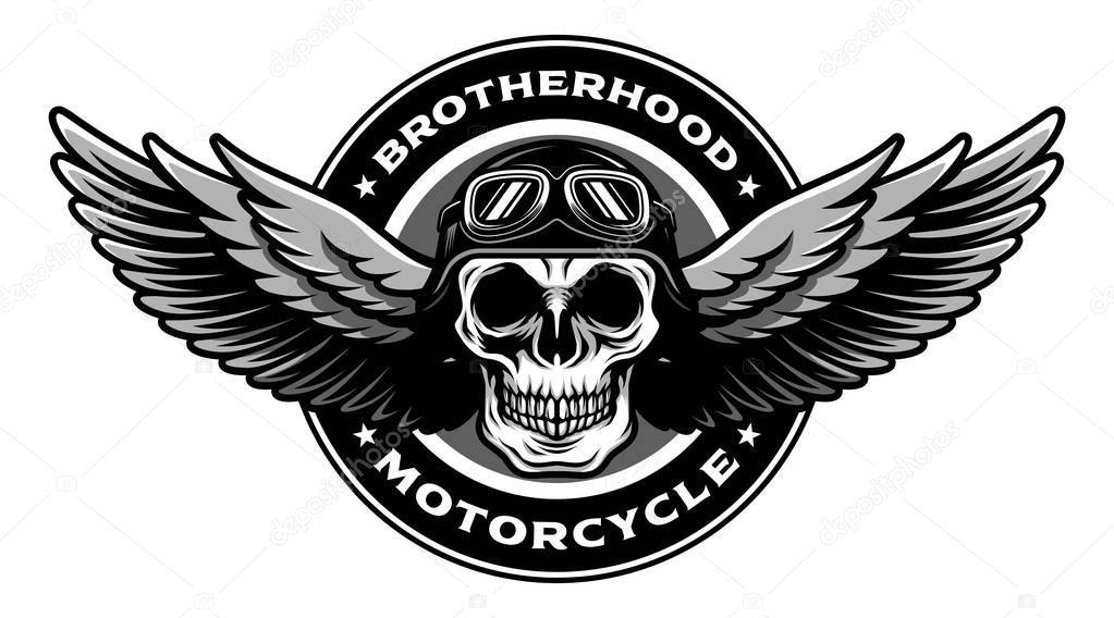 Detailed Classic Skull Head Wearing Retro Biker Helmet and Pilot Goggles With Spreading Wings Motorcycle Badge Design