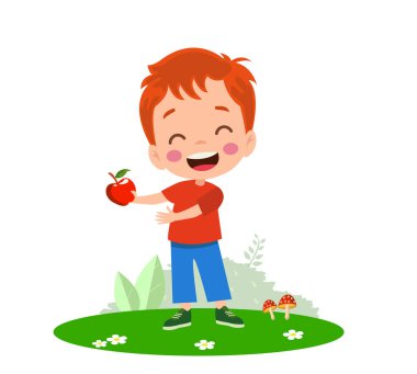 Bahçede Kırmızı Elma Tutan Mutlu Çocuk