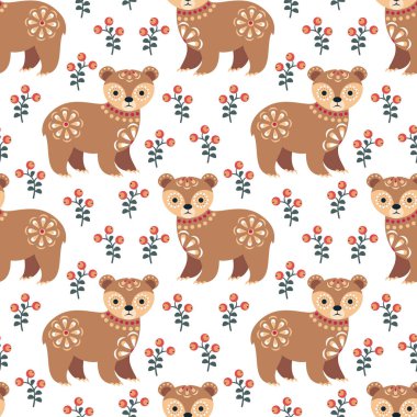 Ayı ile halk tarzında dekoratif seamless modeli. Renkli vektör arka plan.