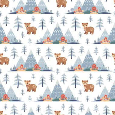 Ayı ile halk tarzında dekoratif seamless modeli. Renkli vektör arka plan.