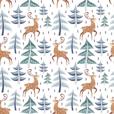 Geyik ile halk tarzında dekoratif seamless modeli. Renkli vektör arka plan.