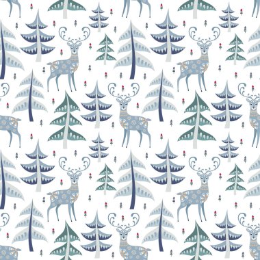 Geyik ile halk tarzında dekoratif seamless modeli. Renkli vektör arka plan.
