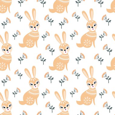 Halk tarzı withrabbit dekoratif seamless modeli. Renkli vektör arka plan.