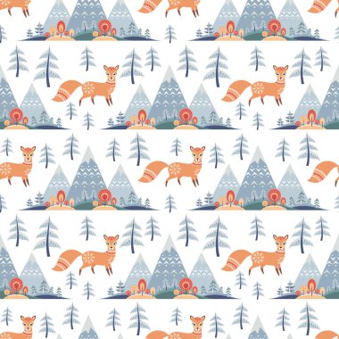 Fox ile halk tarzında dekoratif seamless modeli. Renkli vektör arka plan.