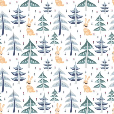 Tavşan ile halk tarzında dekoratif seamless modeli. Renkli vektör arka plan.