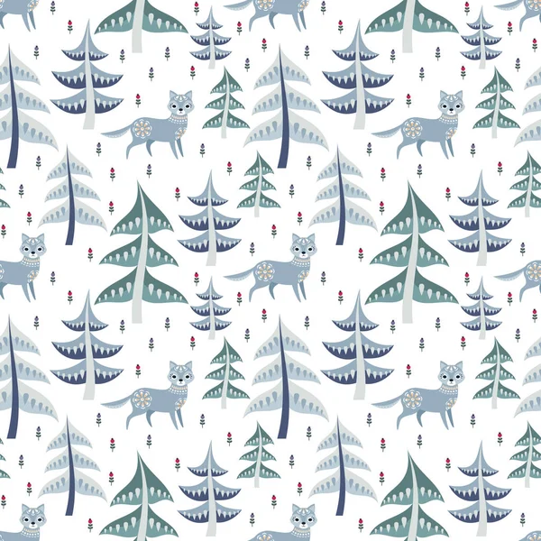 Decorative seamless pattern in folk style with wolf. Colorful vector background.