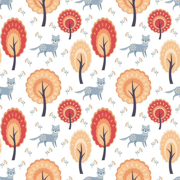 Decorative Seamless Pattern Folk Style Wolf Colorful Vector Background — Stock Vector