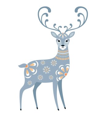 Sevimli geyik etnik tarzda. Beyaz bir arka plan üzerinde izole renkli vektör çizim.