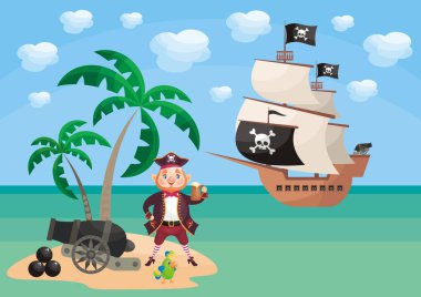 Vektör arka plan görüntü bir korsan ve gemi karikatür tarzı ile. Çocuk illüstrasyon.