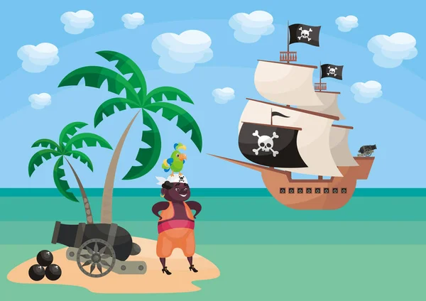 Vektorbakgrund Med Bilden Pirat Och Fartyget Tecknad Stil Barnboksillustrationer — Stock vektor