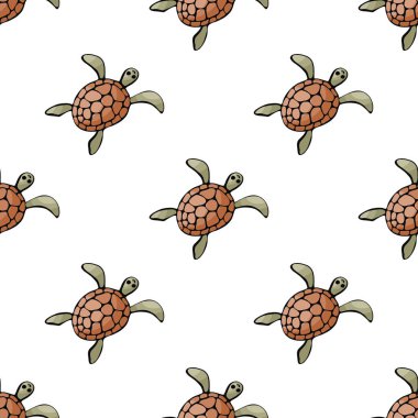 Doodle tarzı bir deniz kaplumbağası görüntü ile Seamless modeli. Renkli vektör arka plan.