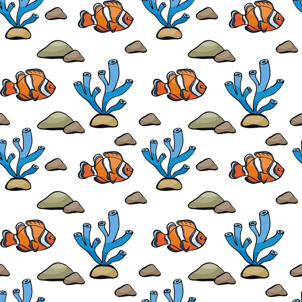 Padrão Sem Costura Estilo Doodle Com Imagem Peixe Bonito Fundo — Vetor de Stock