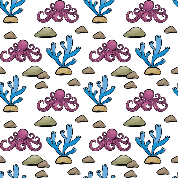 Seamless Pattern Doodle Style Image Cute Octopus Colorful Vector Background — Stock Vector