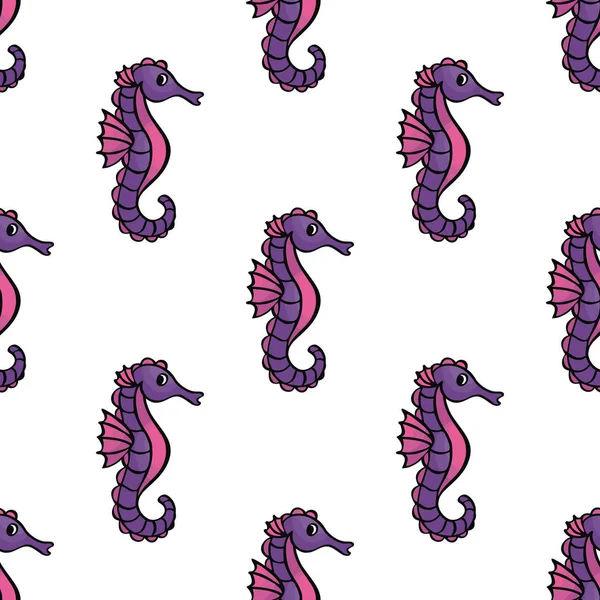 Seamless pattern in doodle style with the image of a cute sea horse. Colorful vector background.