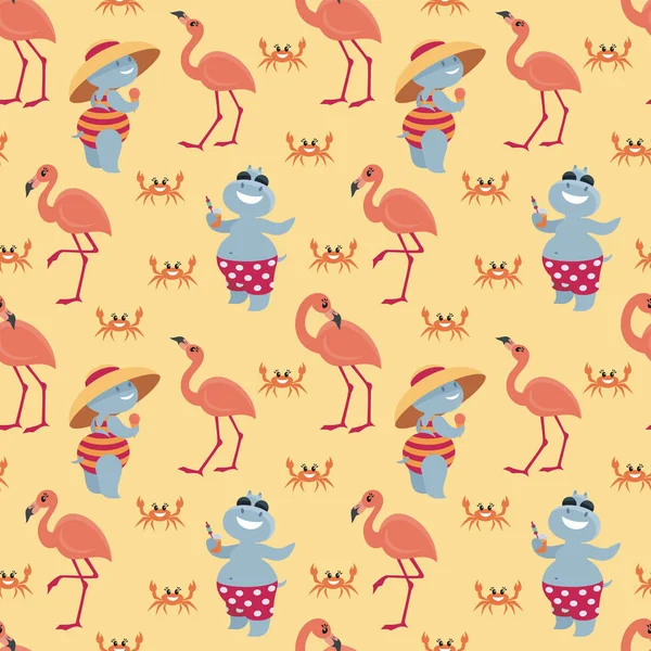 Dla Dzieci Wzór Zabawy Hipopotamy Wakacje Flamingo Tło Stylu Cartoon — Wektor stockowy