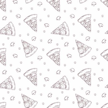 Doodle tarzı dilimlenmiş pizza görüntü ile Seamless modeli. Vektör arka plan.