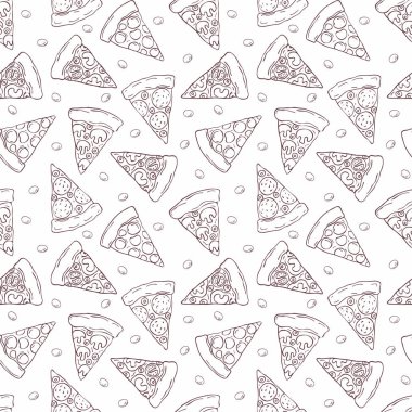 Doodle tarzı dilimlenmiş pizza görüntü ile Seamless modeli. Vektör arka plan.