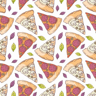 Doodle tarzı dilimlenmiş pizza görüntü ile Seamless modeli. Vektör arka plan.