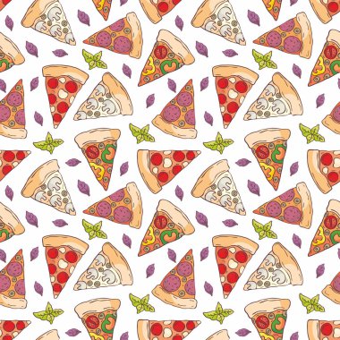 Doodle tarzı dilimlenmiş pizza görüntü ile Seamless modeli. Vektör arka plan.