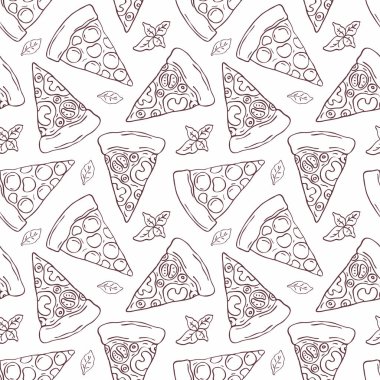 Doodle tarzı dilimlenmiş pizza görüntü ile Seamless modeli. Vektör arka plan.