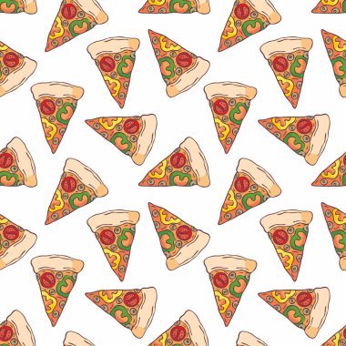 Doodle tarzı dilimlenmiş pizza görüntü ile Seamless modeli. Vektör arka plan.