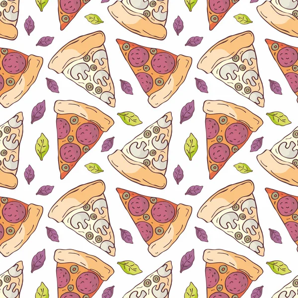 Doodle tarzı dilimlenmiş pizza görüntü ile Seamless modeli. Vektör arka plan.