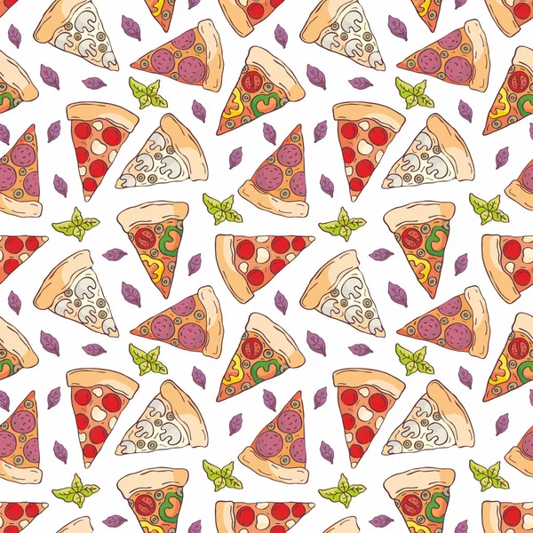 Doodle tarzı dilimlenmiş pizza görüntü ile Seamless modeli. Vektör arka plan.