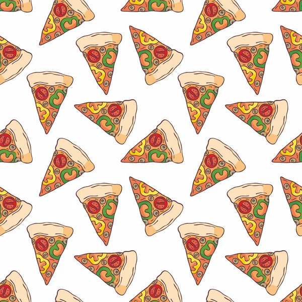 Doodle tarzı dilimlenmiş pizza görüntü ile Seamless modeli. Vektör arka plan.