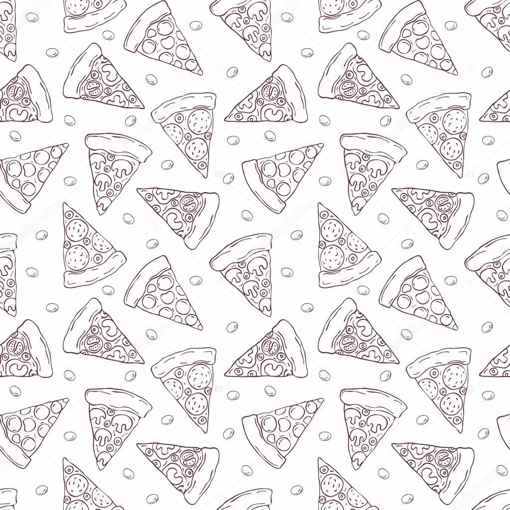 Seamless pattern in doodle style with the image of a sliced pizza. Vector background.