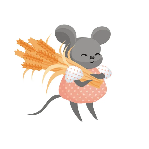 可爱的小老鼠拿着麦子的耳朵 在白色背景下被隔离的卡通风格的矢量插图 — 图库矢量图片