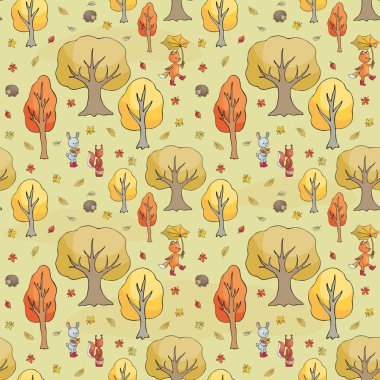 Şirin orman hayvanları doodle tarzı ile sonbahar seamless modeli. Renkli vektör arka plan.