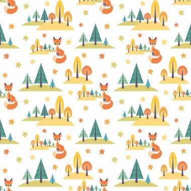 Şirin orman hayvanları karikatür tarzı ile sonbahar seamless modeli. Çocukluk vektör arka plan.