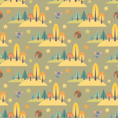 Şirin orman hayvanları karikatür tarzı ile sonbahar seamless modeli. Çocukluk vektör arka plan.