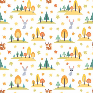 Şirin orman hayvanları karikatür tarzı ile sonbahar seamless modeli. Çocukluk vektör arka plan.