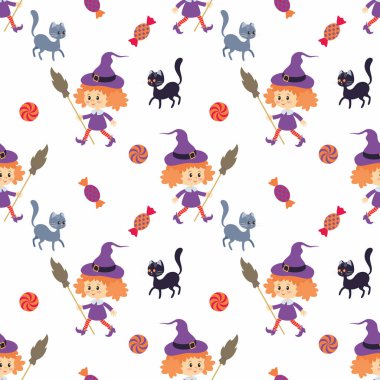 Cadılar Bayramı geleneksel karakterler ile Seamless modeli. Vektör arka planda karikatür tarzı.