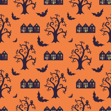 Geleneksel Cadılar Bayramı unsurları ile Seamless modeli. Vektör arka planda karikatür tarzı.