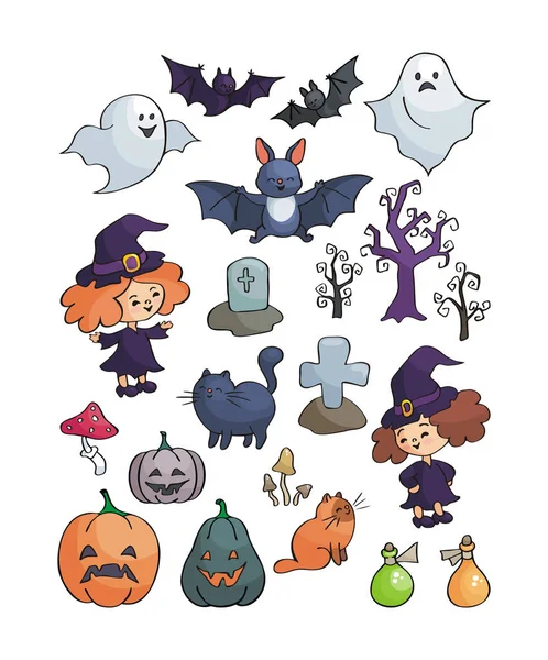 Halloween Set Vektor Illustrationen Doodle Stil Isoliert Auf Weißem Hintergrund — Stockvektor