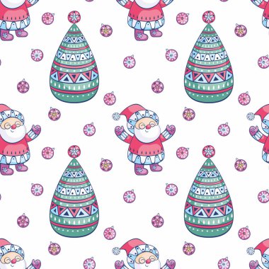 Noel Noel Baba ve köknar ağacı ile seamless modeli. Çocukluk vektör arka plan etnik tarzda.