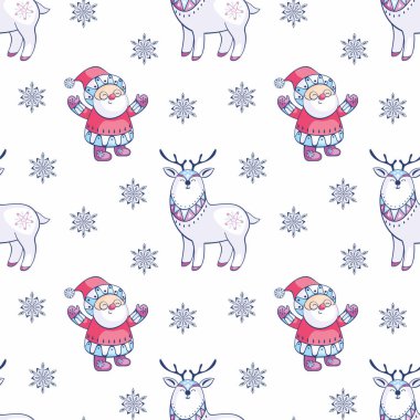 Noel Noel Baba sevimli geyik ile seamless modeli. Çocukluk vektör arka plan etnik tarzda.