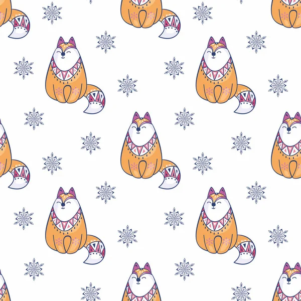 Christmas seamless pattern with cute fox. Childhood vector background in ethnic style.