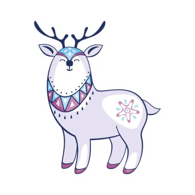 Etnik tarzda şirin Ren geyiği. Beyaz bir arka plan üzerinde izole Noel vektör çizim.