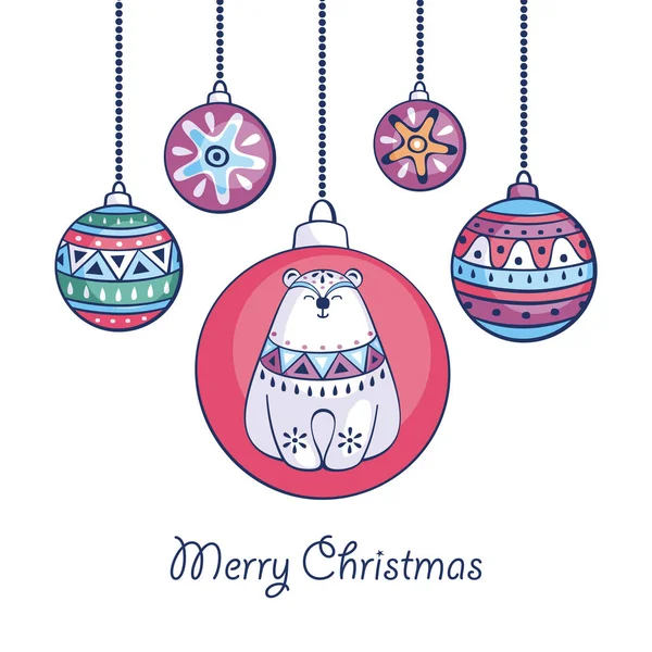 かわいいシロクマとエスニック スタイルでボール クリスマス グリーティング カード 白い背景で隔離のベクトル図 — ストックベクタ
