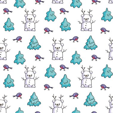 Doodle tarzı sevimli kardan adam ile Seamless modeli. Noel vektör arka plan.