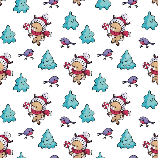 Seamless Pattern Cute Little Fawn Doodle Style Christmas Vector Background — Stock Vector