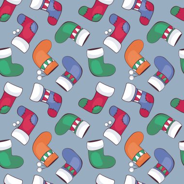 Noel çok renkli örgü çorap ile seamless modeli. Çocukluk vektör arka planda karikatür tarzı.