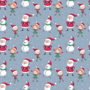 Noel Noel Baba, kardan adam ve elfler ile seamless modeli. Çocukluk vektör arka planda karikatür tarzı.