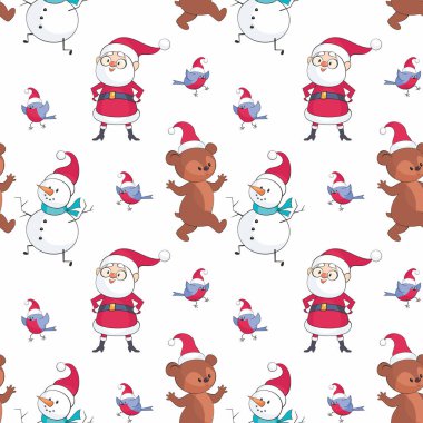 Noel Noel Baba, kardan adam, sevimli ayı ve kuşlar ile seamless modeli. Çocukluk vektör arka planda karikatür tarzı.